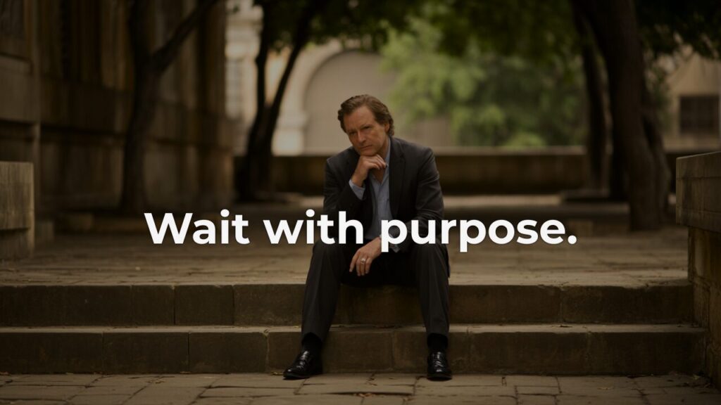 A suited professional seated alone on worn stone steps in a quiet courtyard, chin resting on hand in calm, deliberate reflection — the posture of a deliberate pause before a decision.