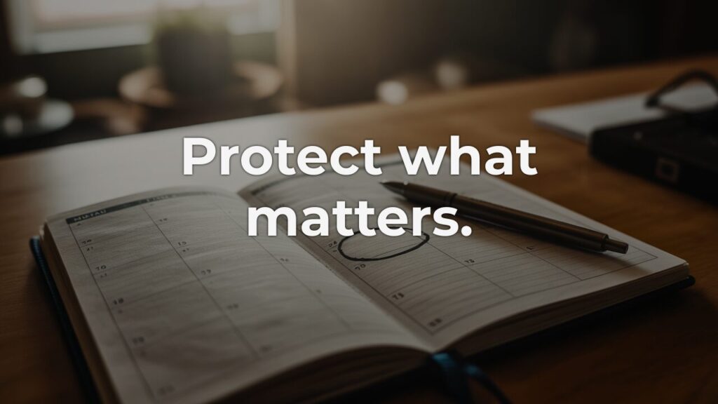 An open weekly planner on a wooden desk with a pen resting across the page and a time block circled in ink, soft warm light in the background