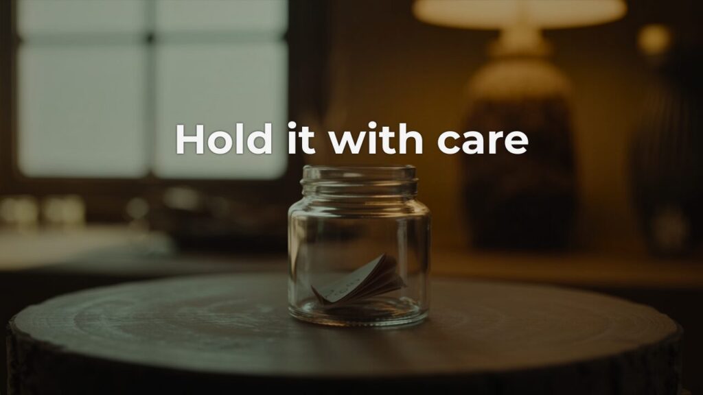 A small open glass jar holding several folded paper slips rests on a dark wooden surface, softly lit by warm ambient light in a dimly lit room — a quiet image of ideas worth guarding.