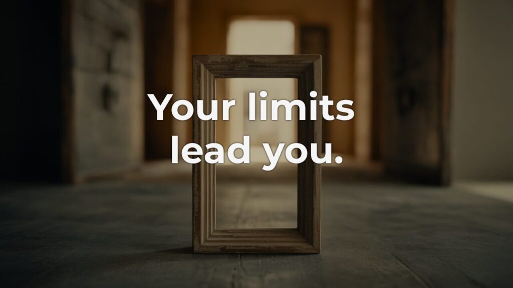 A weathered wooden picture frame standing upright on a worn timber floor, softly lit corridor receding out of focus behind it, overlay text reading "Your limits lead you." — illustrating how creative limits define and focus leadership.