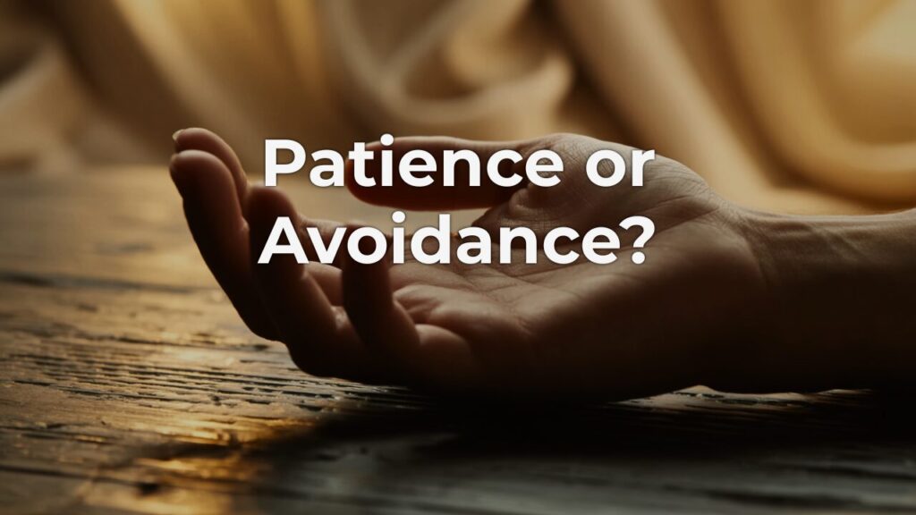 A hand resting open and still on a worn wooden surface, palm upward, in warm side-lighting — an image of patient leadership and the discipline of waiting before acting.