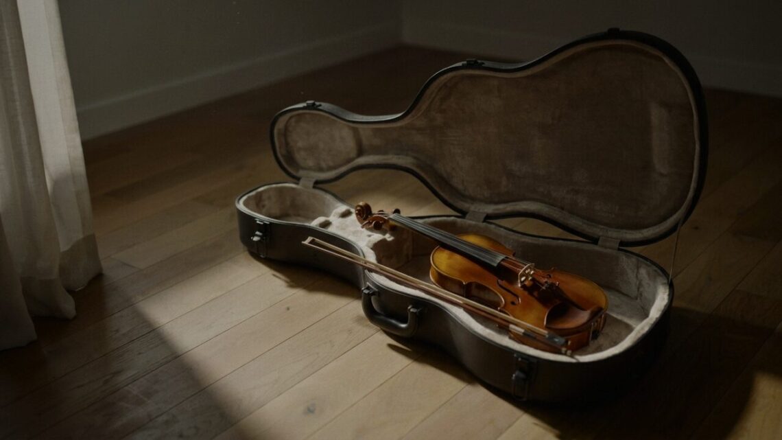 A violin and bow resting inside an open case on a wooden floor, lit by soft afternoon light through a sheer curtain