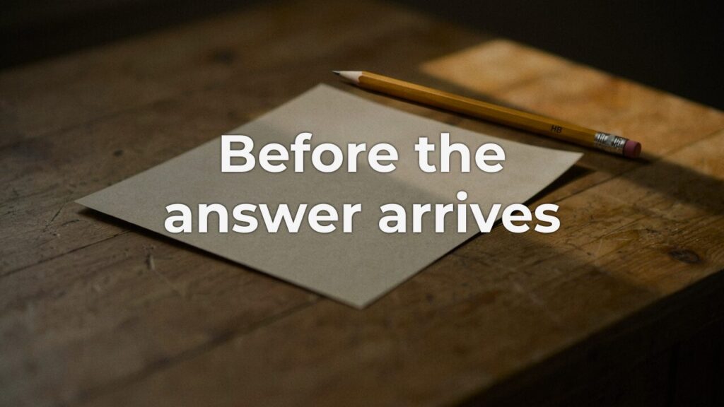 A blank sheet of paper resting on a worn wooden surface beside an unsharpened HB pencil, caught in a shaft of warm natural light, with the words "Before the answer arrives" overlaid in bold white text — evoking the stillness before patient discernment begins.