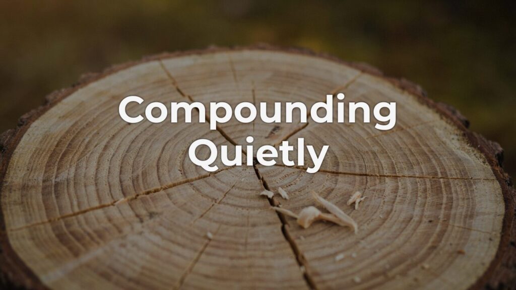 Close-up of tree trunk growth rings with the overlay text "Compounding Quietly," illustrating how quiet repetition builds mastery over time.