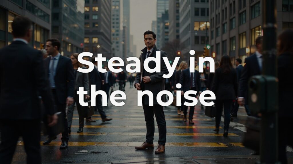 A composed businessman stands still and in sharp focus at a downtown crossing while blurred commuters move past him, capturing leadership under pressure in the middle of rush-hour motion.