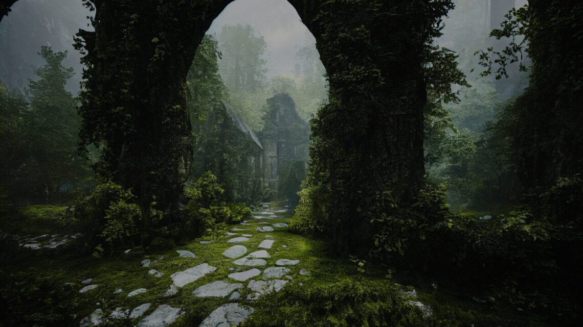 A moss-covered stone archway opens onto an overgrown stepping-stone path leading toward a hidden ruin in misty light.
