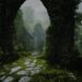 A moss-covered stone archway opens onto an overgrown stepping-stone path leading toward a hidden ruin in misty light.