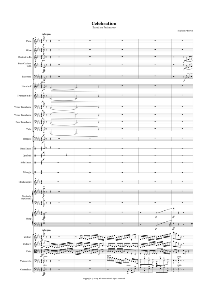 Opening page of the full orchestral score for "Celebration," Stephen P. Brown's setting of Psalm 100, showing the ensemble's entrance.