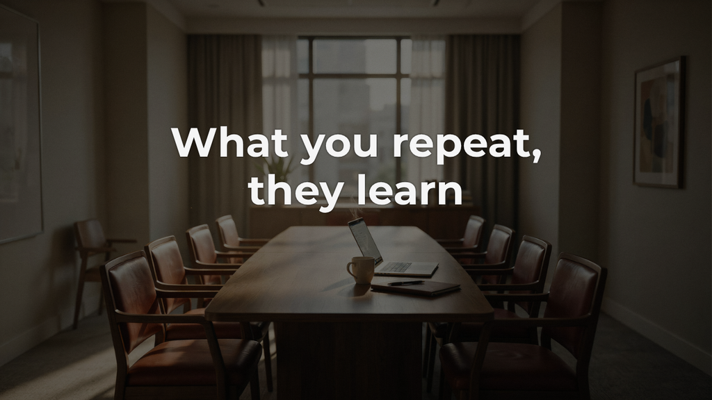 An empty conference table with chairs tucked in and one seat left open, a mug and an open laptop still there, a quiet picture of what you repeat shaping how a team works.