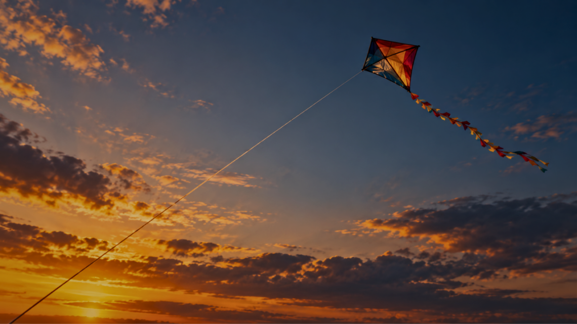 A bright diamond kite with a ribboned tail flying high against a golden evening sky, its string pulled taut toward the setting sun.